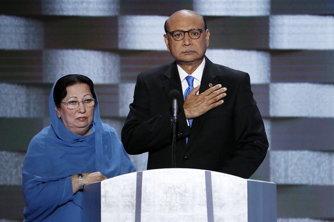  In this July 28, 2016, file photo, Khizr Khan, father of fallen Army Capt. Humayun Khan and his wife Ghazala speak during the final day of the Democratic National Convention in Philadelphia. Many Muslim Americans cringe at the way they have been portrayed by candidates during the presidential campaign, either as potential terrorists or as eyes and ears who can help counterterrorism efforts. Those descriptions have been offered by Donald Trump and Hillary Clinton, respectively. And they trouble Muslims who complain they are being pigeonholed and their concerns on other issues ignored. (AP Photo/J. Scott Applewhite, File).