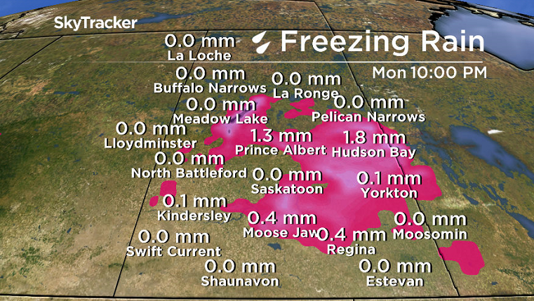 Most of the freezing rain will fall east and north of Saskatoon.