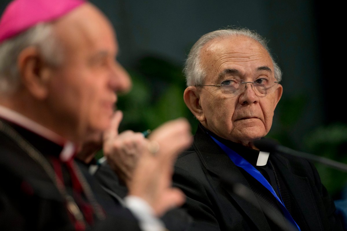Jesus Delgado, right, listens to Archbishop Vincenzo Paglia, president of the Pontifical Council for Families, during a press conference, at the Vatican in this Feb. 4, 2015 file photo.

