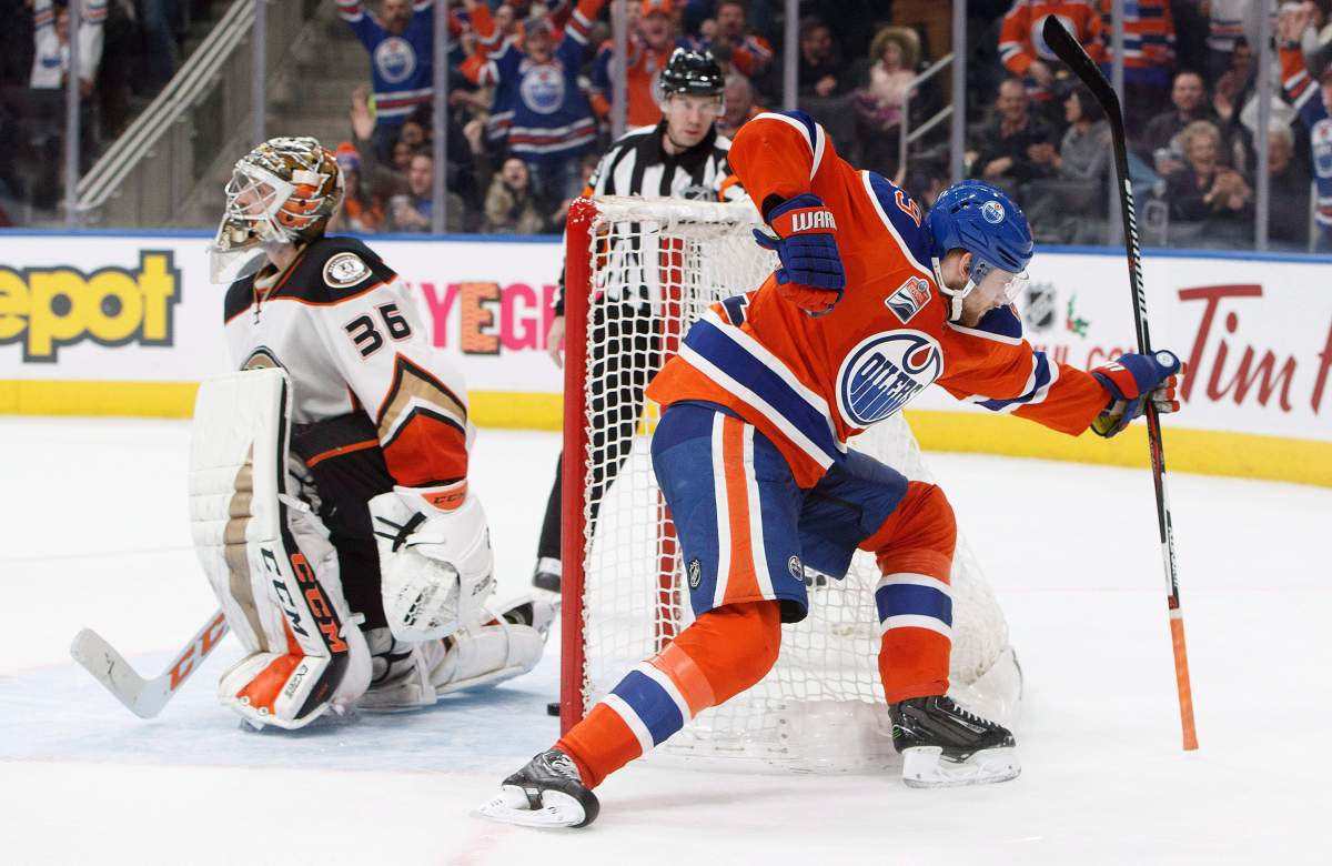 Edmonton Oilers’ Leon Draisaitl (29) celebrates a goal against the Anaheim Ducks goalie John Gibson (36) during extra time NHL action in Edmonton, Alta., on Saturday, December 3, 2016.
