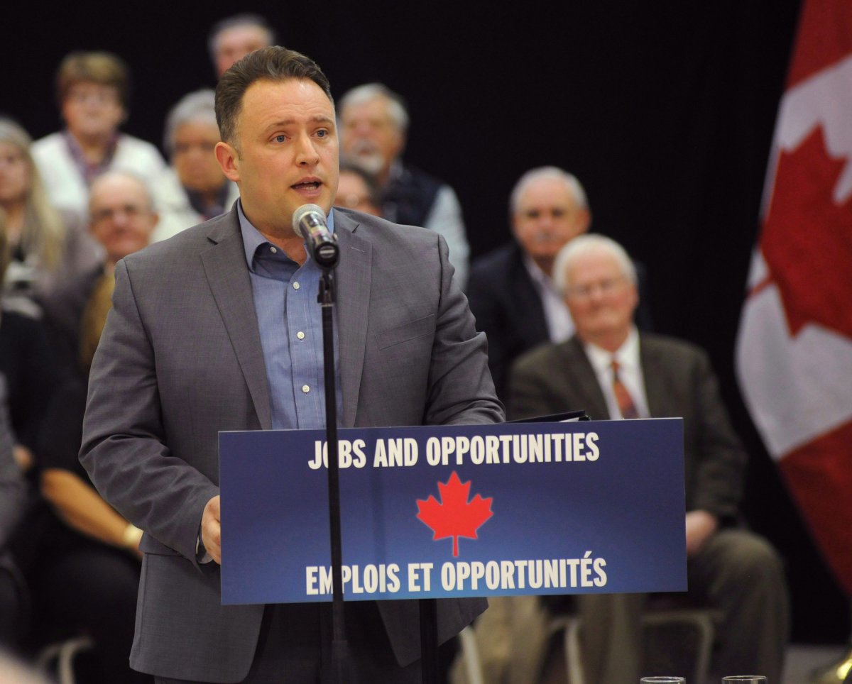 Rob Moore, former minister of state for the Atlantic Canada Opportunities Agency, speaks at an event in Miramichi, N.B., on Thursday, April 2, 2015. Moore lost his seat in the riding of Fundy Royal in the October 2015 Canadian federal election. 
