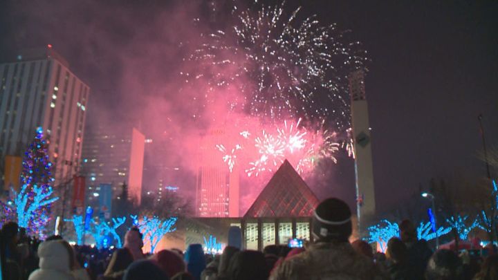 The 2016 New Year's Eve fireworks in downtown Edmonton. 
