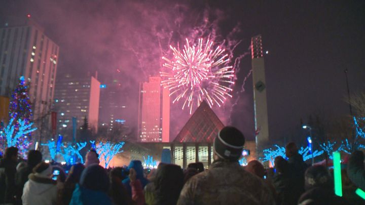 The 2016 New Year's Eve fireworks in downtown Edmonton. 