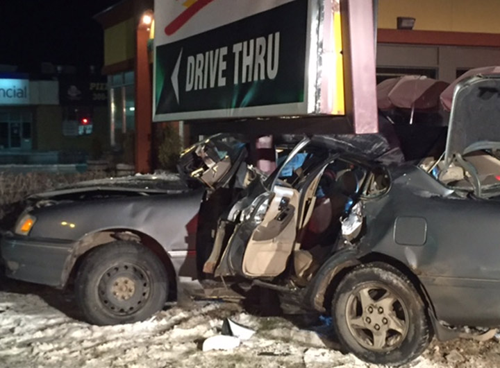 Three people have been sent to a Saskatoon hospital with unknown injuries after a car hit a sign post on 22nd Street West.