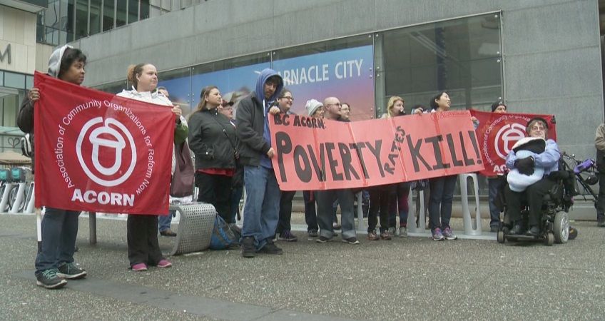 Members of BC ACORN, an advocacy group, gathered in downtown Vancouver on Saturday, Dec. 3, 2016 to raise awareness of their concerns that there is inadequate government support for people living with disabilities. 