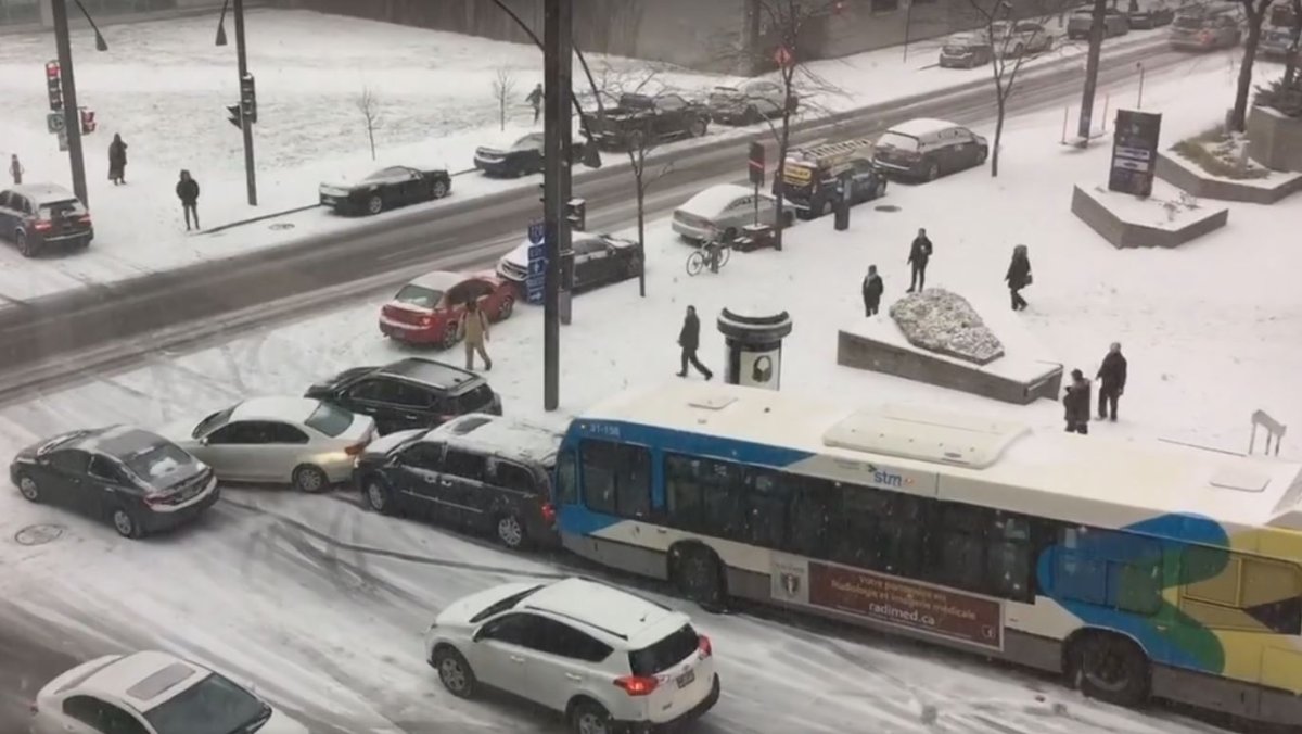 Slippery conditions caused a multiple car pile-up near Square Victoria in Montreal, Monday, December 5, 2016.
