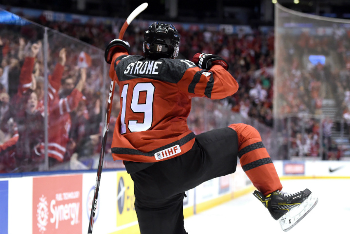 Canada forward Dylan Strome (19) celebrates his goal against Russia during second period IIHF World Junior Championship hockey action in Toronto on Monday, December 26, 2016. 