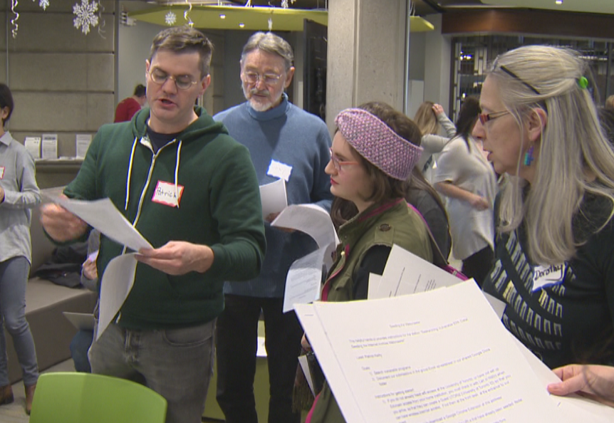 Professor Patrick Keilty with volunteers at Saturday’s data archiving event
