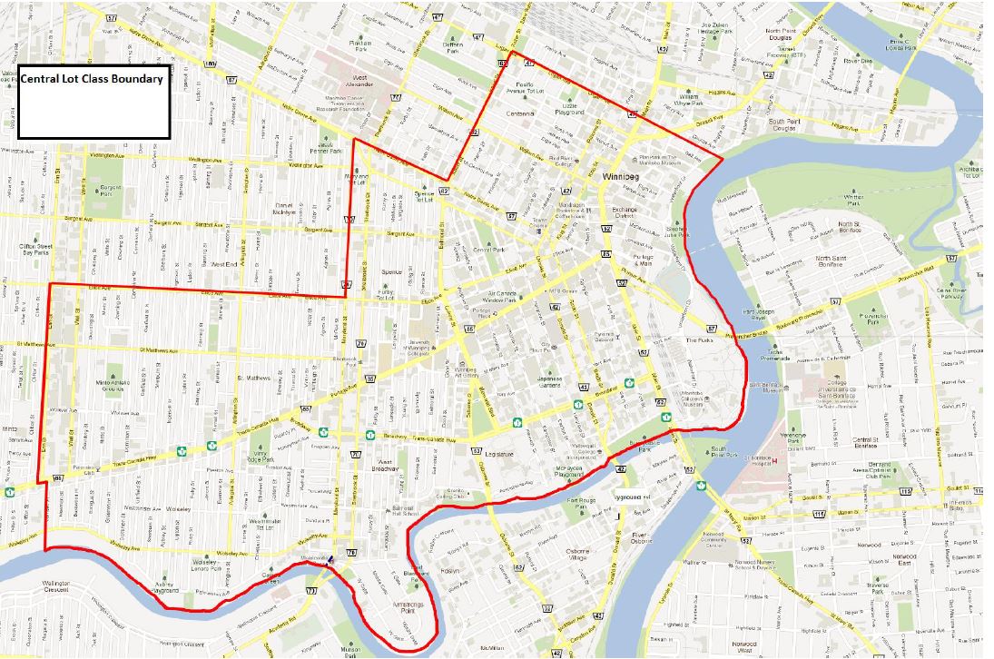 The boundary for downtown Winnipeg parking for provincial employees.