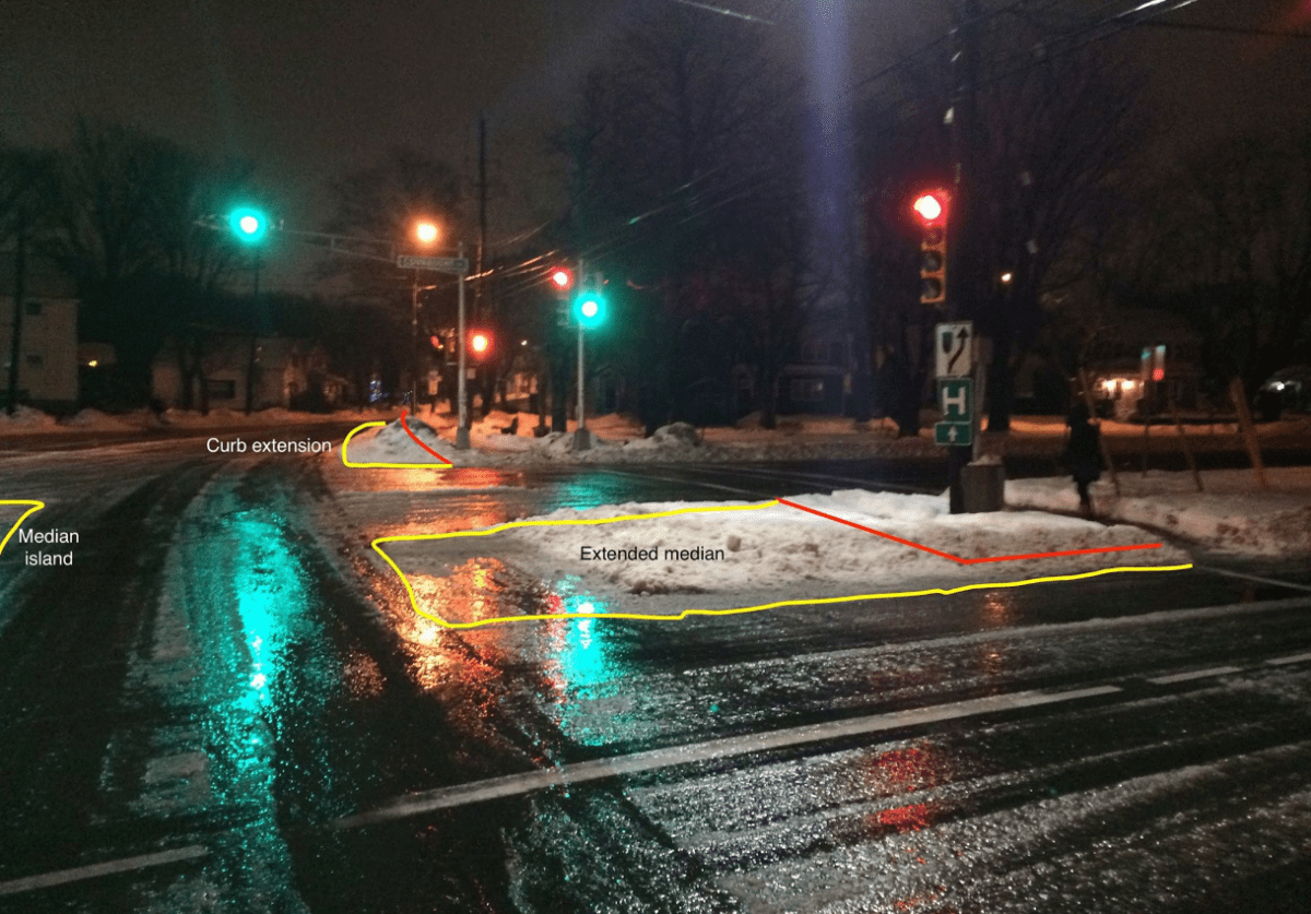 Possibly curb extensions, or neckdowns, are illustrated here over snow left on a city street after snow clearing has taken place - also known as a "sneckdown.".