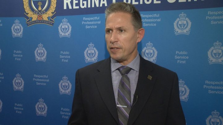 Insp. Darcy Koch with the Regina Police Service (RPS) speaks after RCMP and RPS announce 60 people were arrested after a drug trafficking investigation. 