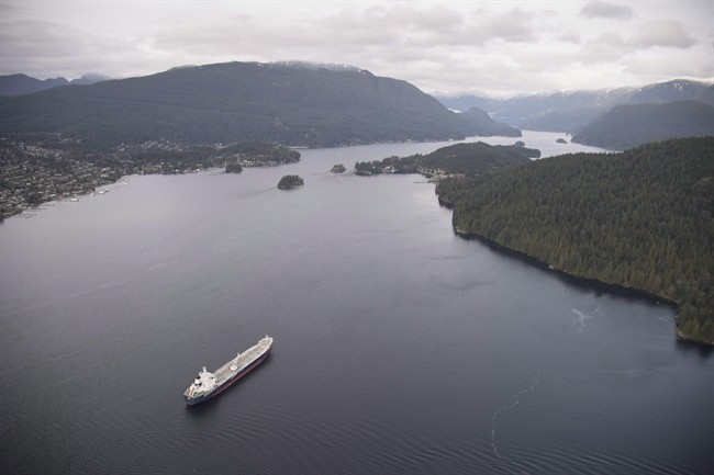 A tanker is anchored in Burrard Inlet just outside of Burnaby, B.C., on Friday, Nov. 25, 2016. The federal government is seeking a way to regulate underwater shipping noise as part of its plan to protect an endangered group of killer whales from increased oil tanker traffic off Vancouver.