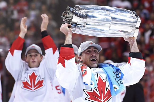 Team Canada’s Brad Marchand (63) hoists the trophy following his team’s victory over Team Europe during World Cup of Hockey finals action in Toronto on Thursday, September 29, 2016.