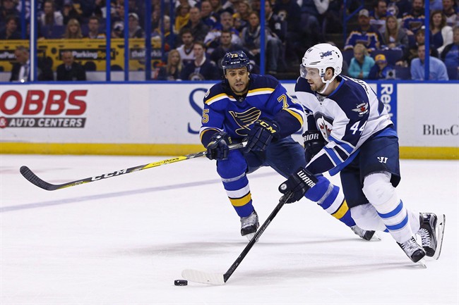 Winnipeg Jets' Josh Morrissey, right, skates with the puck as he is pressured by St. Louis Blues' Ryan Reaves during the second period of an NHL hockey game Saturday, Dec. 3, 2016, in St. Louis.