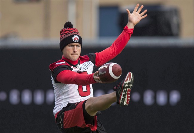Calgary Stampeders punter Rob Maver works on his form during a walk through at the Western Conference practice, in Toronto on Saturday, November 26, 2016. 