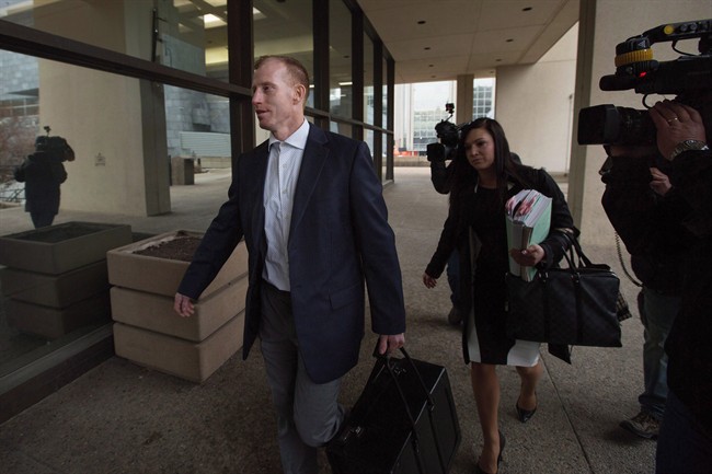 Travis Vader arrives at court in Edmonton in a March 8, 2016.