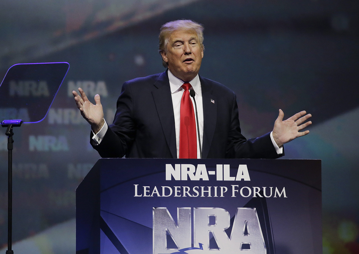 In this May 20, 2016, file photo, then-Republican presidential candidate Donald Trump speaks at the National Rifle Association (NRA) convention in Louisville, Ky.