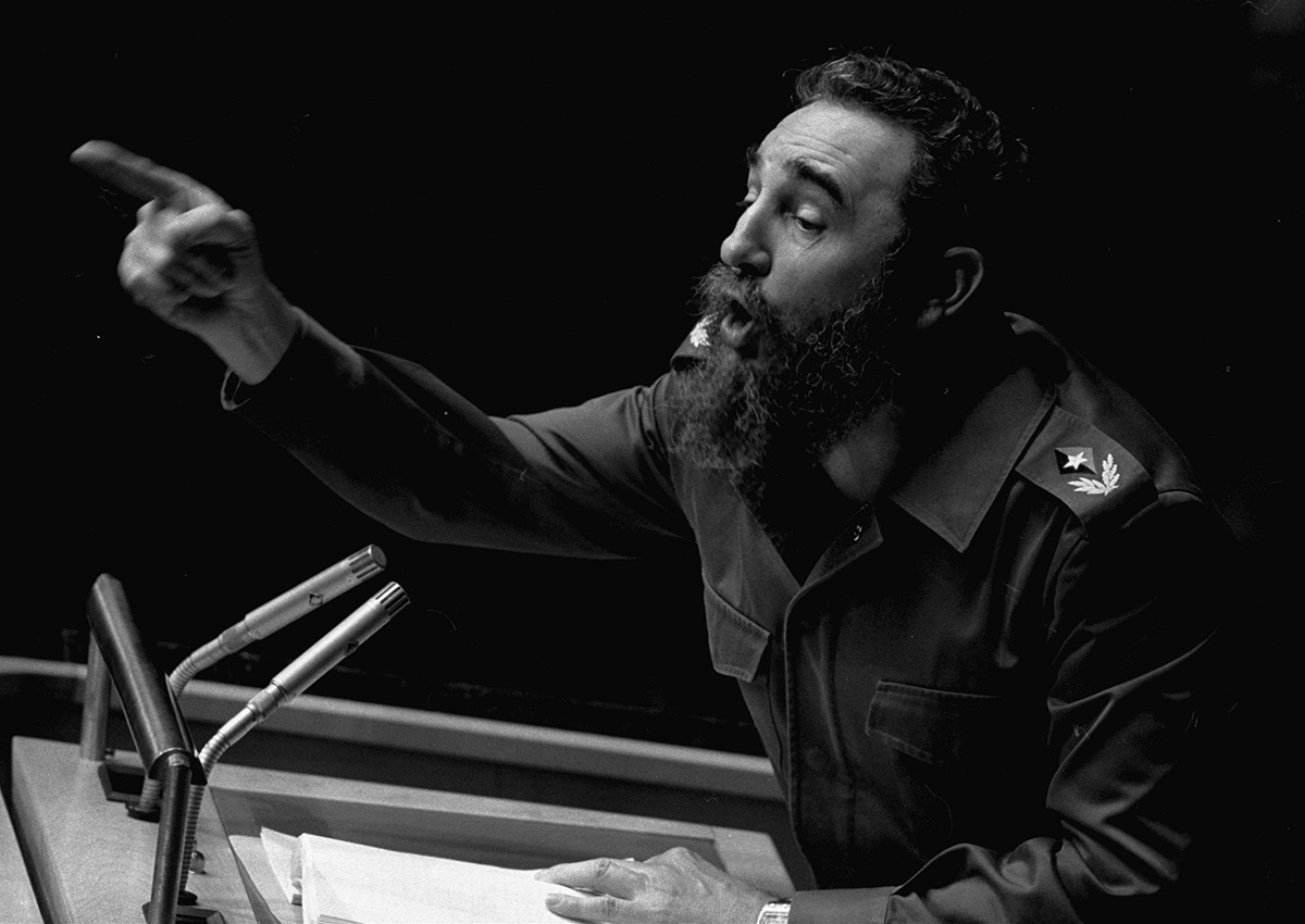 In this Oct. 12, 1979, file photo, Cuban President, Fidel Castro, points during his lengthy speech before the United Nations General Assembly, in New York. 