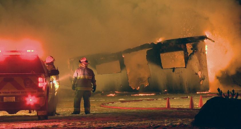 Mobile home destroyed near Monarch, Alberta.