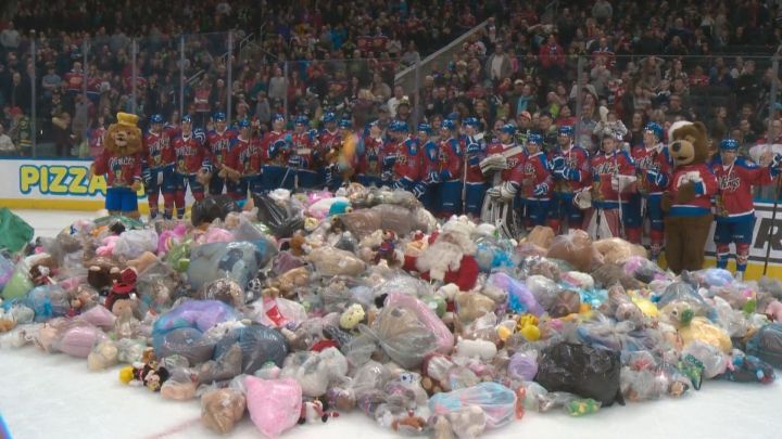 Edmonton Oil Kings pose in front of a pile of teddy bears during the 2016 Teddy Bear Toss.