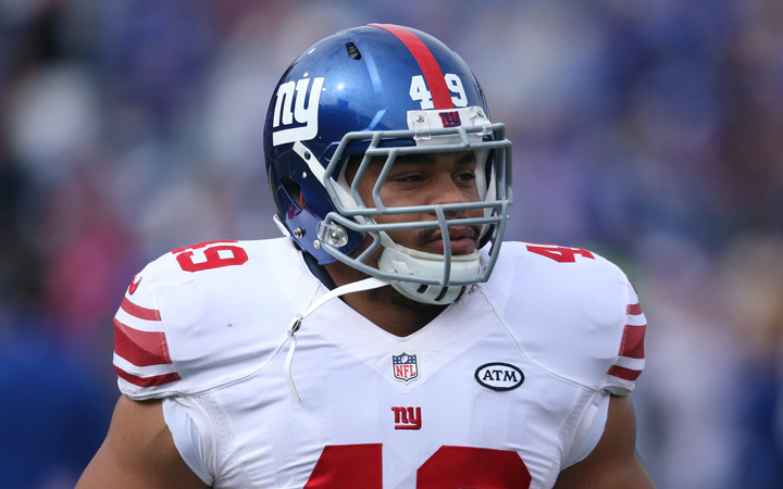 Nikita Whitlock of the New York Giants warms up before the start of NFL game action against the Buffalo Bills at Ralph Wilson Stadium on October 4, 2015 in Orchard Park, New York.