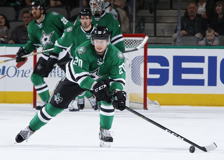 Cody Eakin of the Dallas Stars handles the puck during a regular-season game at the American Airlines Center in Dallas, Texas.