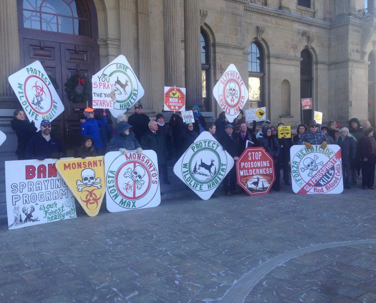 Stop Spraying NB protesters outside legislature in 2016.