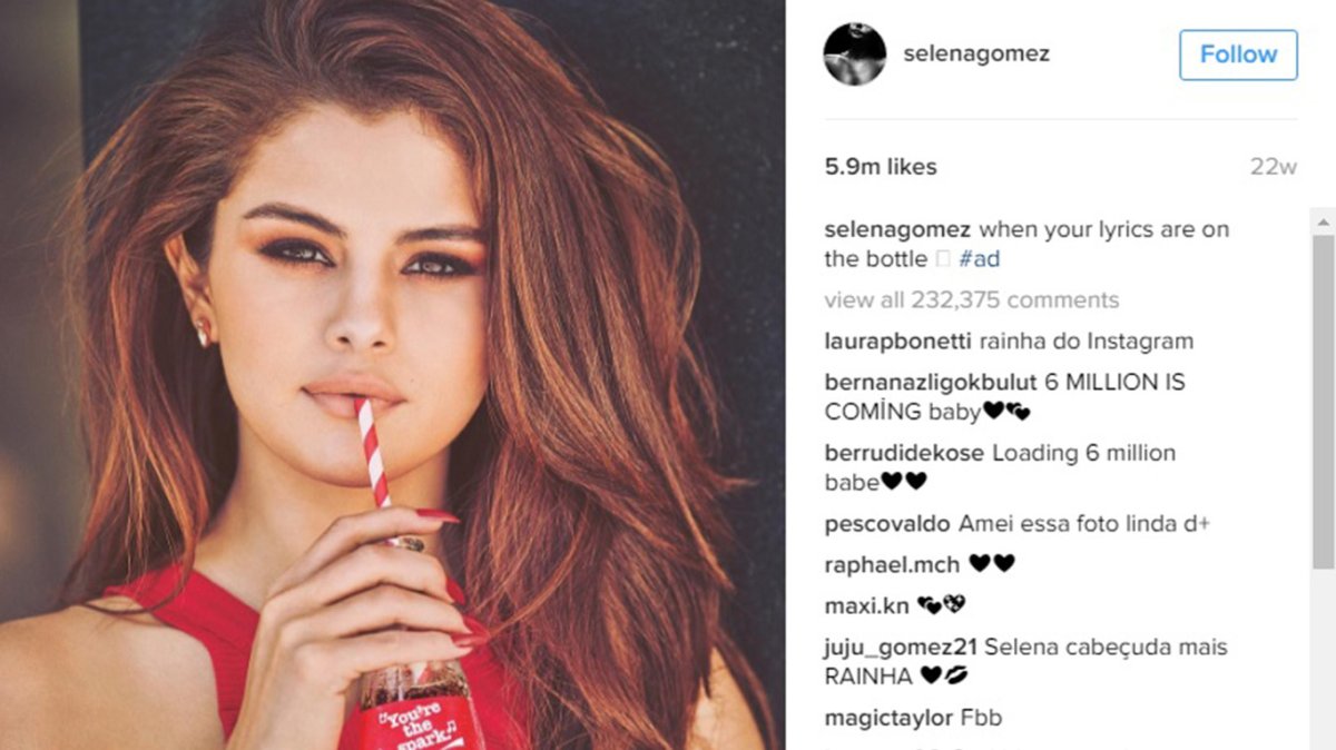 Selena Gomez's most-liked photo has 5.9 million likes and was an ad for Coke.