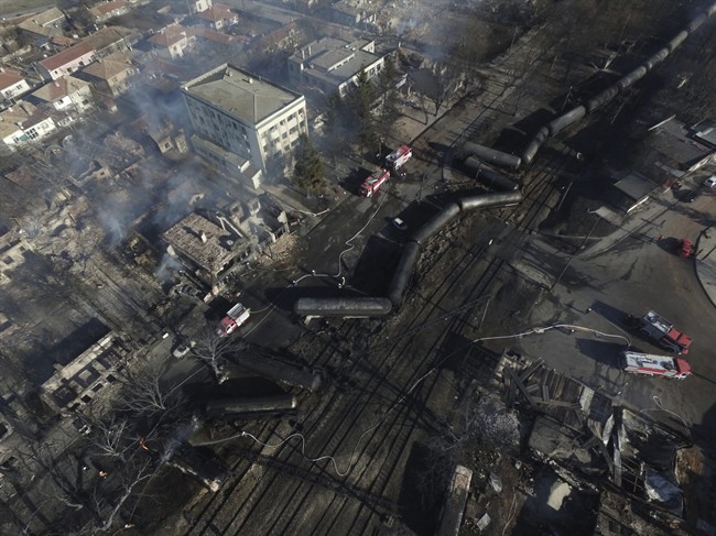 In this aerial view emergency services attend the scene of devastation after a tanker train derailed and a gas tank exploded in the village of Hitrino, northeastern Bulgaria, early Saturday, Dec. 10, 2016. Firefighters said at least five people were killed and many injured when a train derailed and containers of liquefied petroleum gas exploded, destroying at least 20 buildings in the village.