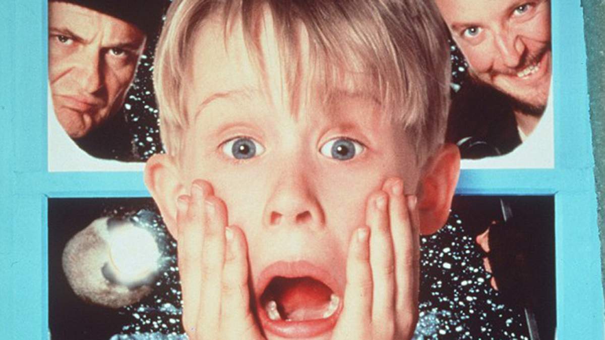 Kevin McCallister (Macaulay Culkin, center) uses a number of homemade traps to injure a pair of burglars – Harry (Joe Pesci, left) and Marv (Daniel Stern, right) – in 'Home Alone.'.