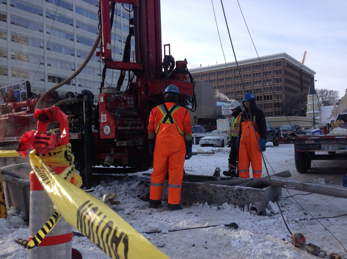 Crews dig on SkyCity site off Graham Ave to test bedrock for foundation.