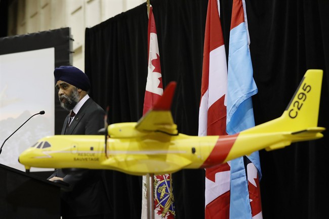 Defence Minister Harjit Sajjan announces that the federal government of Canada will spend $2.3 billion to replace the military's ancient search-and-rescue planes with 16 new aircraft from European aerospace giant Airbus that at CFB Trenton in Trenton, Ontario, on Thursday Dec. 8, 2016. 