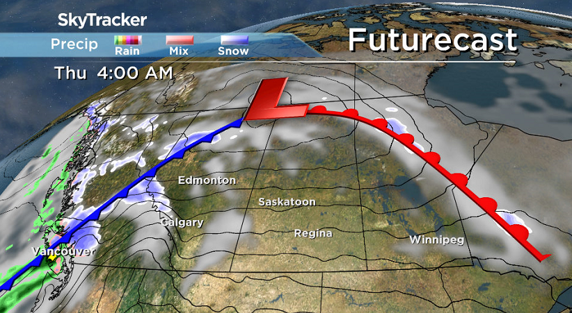 Saskatoon slides into the warm sector of the next system building into the north on Thursday.