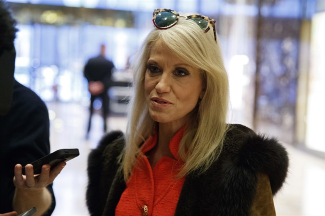 Kellyanne Conway, campaign manager for President-elect Donald Trump, talks to reporters at Trump Tower, Sunday, Dec. 4, 2016, in New York. 