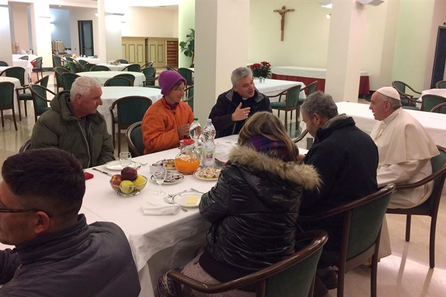 Pope Francis celebrates his 80th birthday sharing a breakfast with homeless people before celebrating Mass with cardinals at the Vatican, Saturday Dec. 17, 2016.