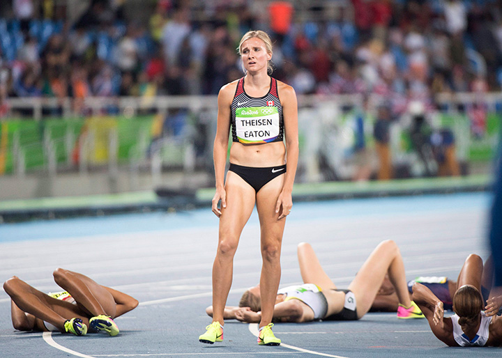 Canada’s bronze medal winner Brianne Theisen Eaton catches her breath after the 800-metre of the heptathlon at the 2016 Summer Olympics on Aug. 13, 2016 in Rio de Janeiro, Brazil.