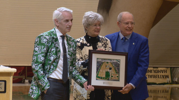 (L-R) University of Saskatchewan president Peter Stoicheff, Jane Graham and Ron Graham. The Graham’s have donated $4 million towards the construction of Merlis Belsher Place at the university.