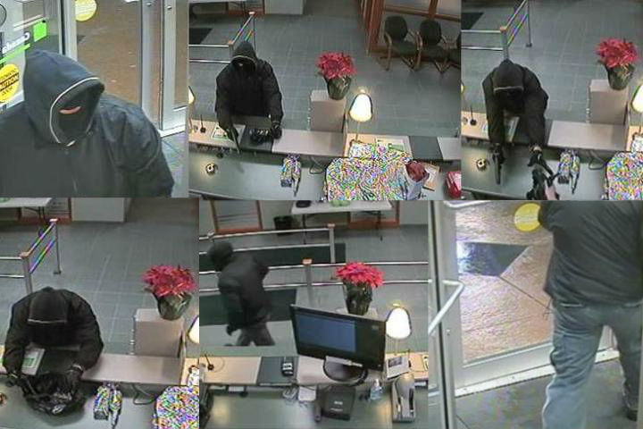Surveillance camera stills, provided by Saint John Police, show a suspect in a robbery of the East Point shopping centre's TD Canada Trust on Thursday, Dec. 22, 2016. 