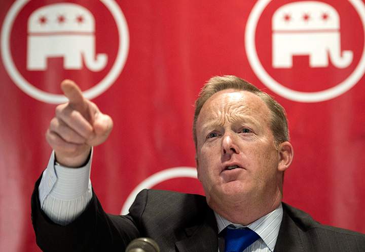 Republican National Committee Chief Strategist and Communications Director Sean Spicer appears at a post-election press briefing at the Capitol Hill Club in Washington, Monday, Nov. 14, 2016. 