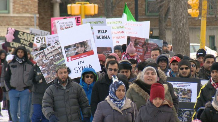 About 150 people in Regina marched in solidarity with Syrian and Rohingya Muslims on Sunday.