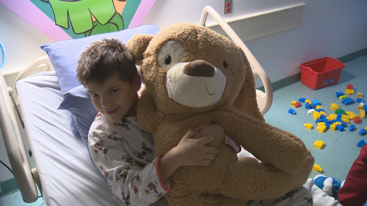 Sheldon is cheered up with a new friend at Kelowna General Hospital.