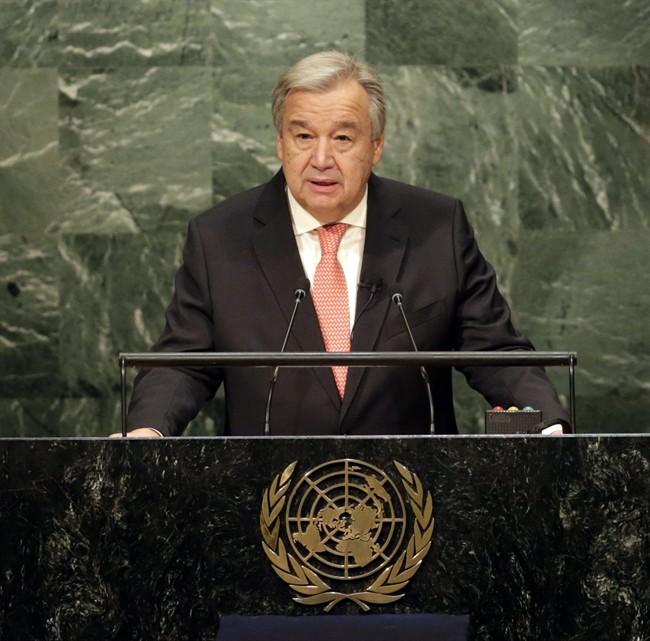 UN Secretary-General designate Antonio Guterres speaks during his swearing-in ceremony at U.N. headquarters, Monday, Dec. 12, 2016.