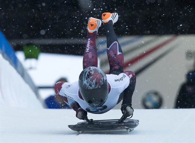 Canada's Elisabeth Vathje, of Calgary, Alta., competes in a World Cup Skeleton race in Whistler, B.C., on Friday, Dec. 2, 2016. 
