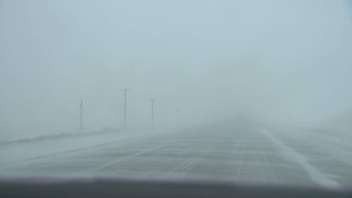 Near white-out conditions exist on Highway 35 between Weybrun and Francis, Sask.