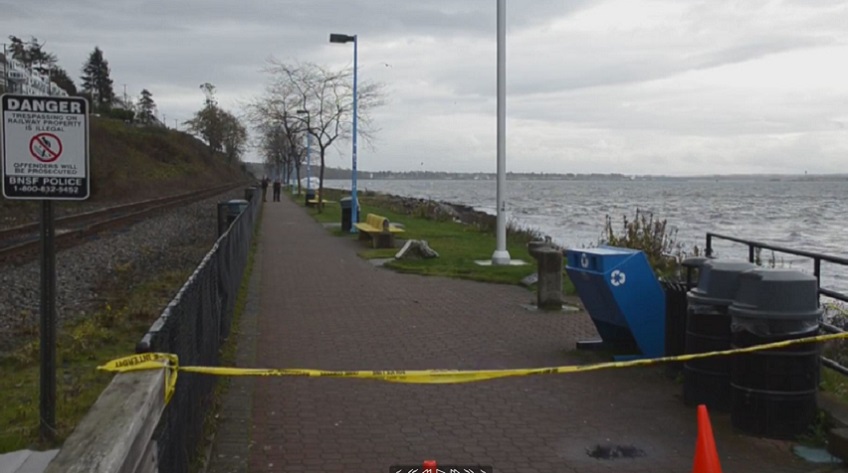 The scene in White Rock, B.C., where a body was found washed up on the beach on Dec. 3, 2016.