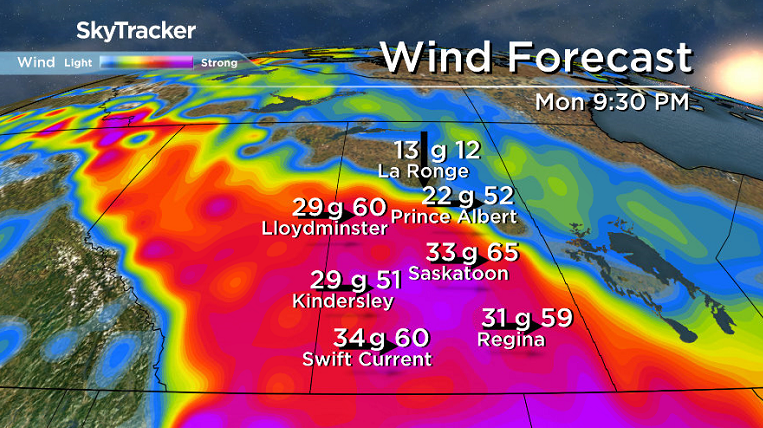 Wind gusts in excess of 60 km/h are expected Monday night.