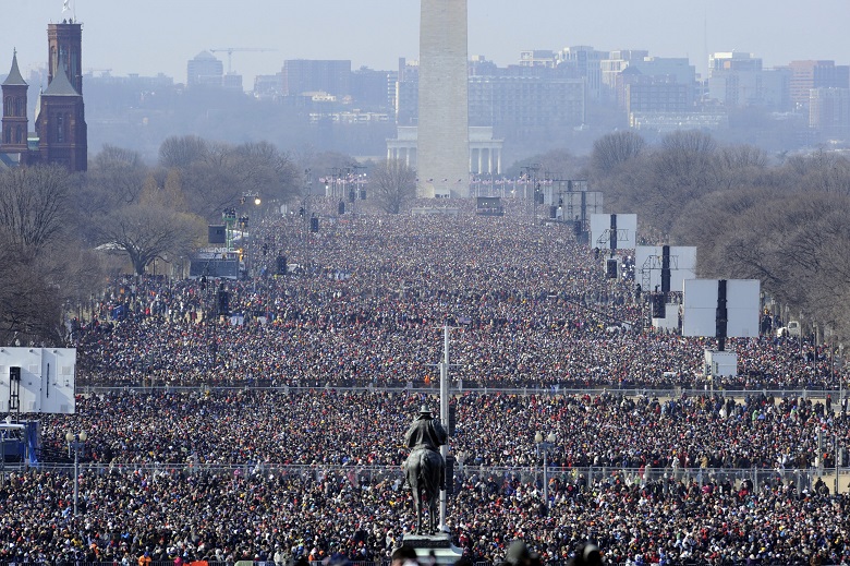 This Jan. 20, 2009 file photo shows the crowd on the National Mall listening to the inaugural address of President Barack Obama.