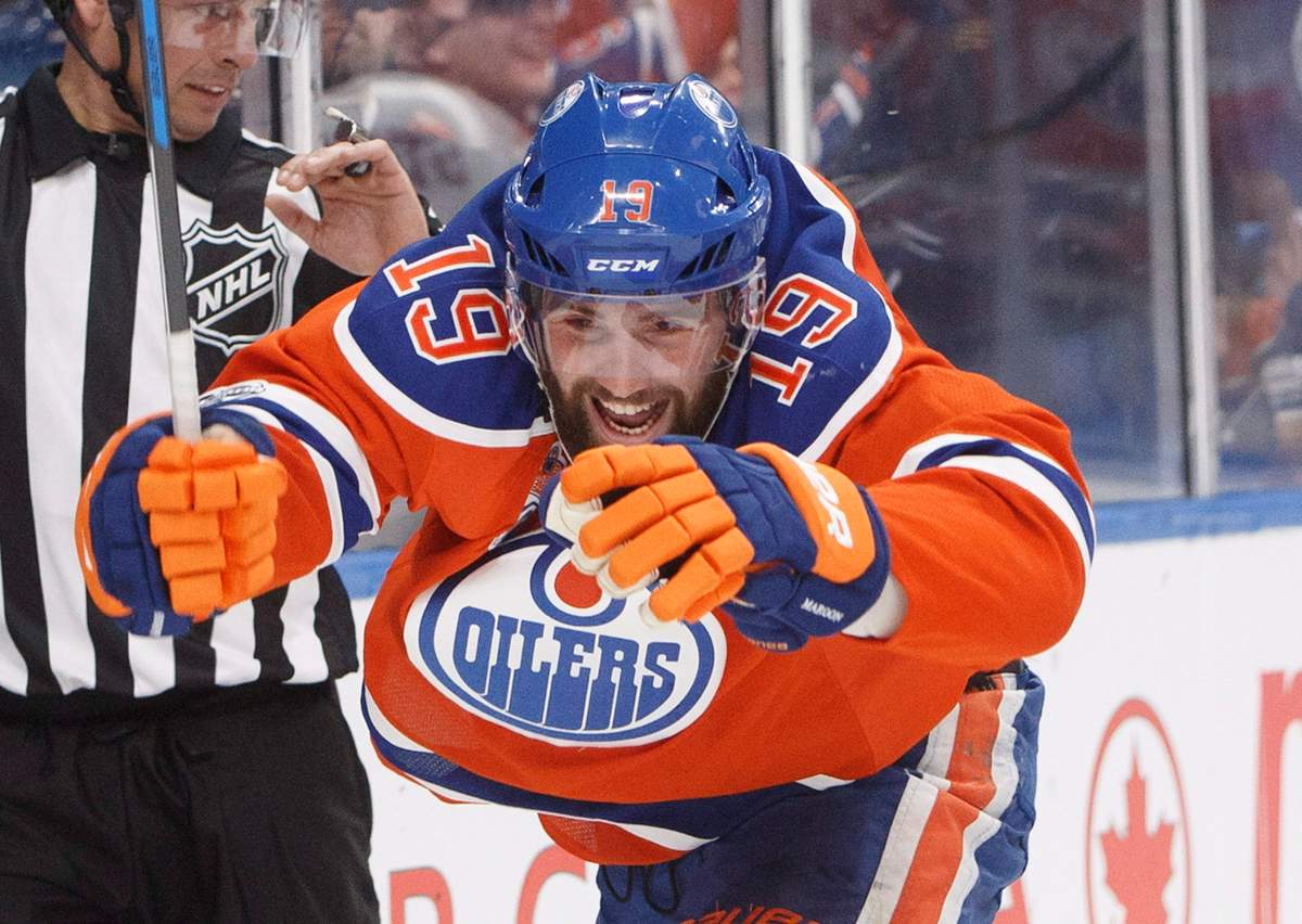 Edmonton Oilers' Patrick Maroon (19) celebrates a goal against the Calgary Flames during second period NHL action in Edmonton, Alta., on Saturday January 14, 2017. THE CANADIAN PRESS/Jason Franson.