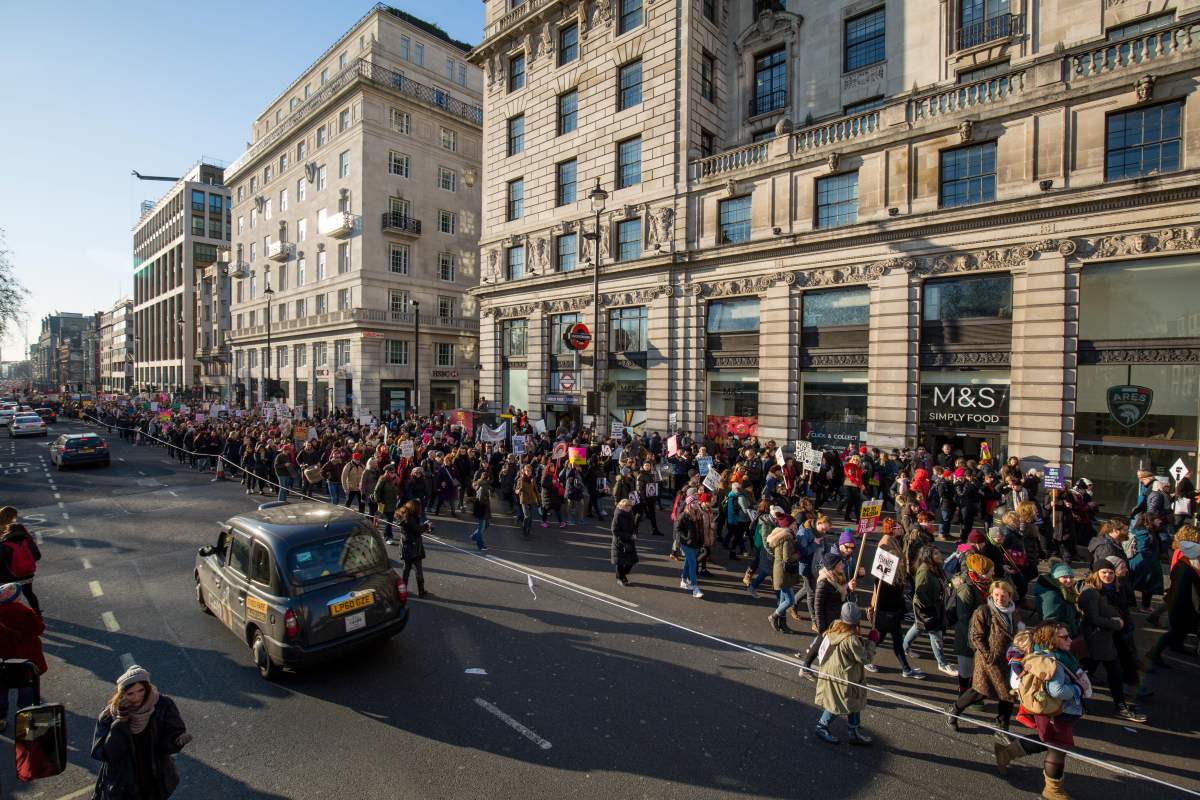Demonstrators protest at the Women’s March on London, as part of international day of action in solidarity on Jan. 21, 2017.