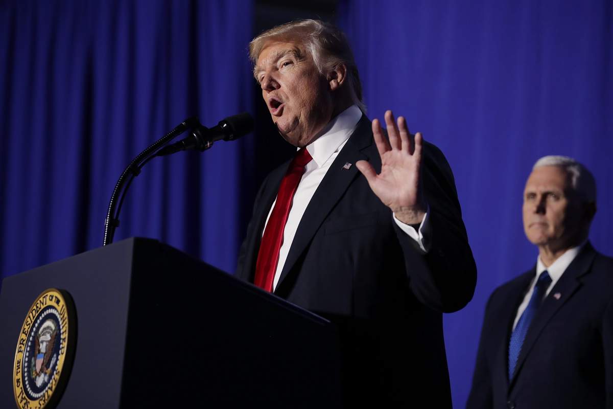 United States President Donald Trump delivers remarks during a visit to the Department of Homeland Security with Vice President Mike Pence (R)
Donald Trump visits Department of Homeland Security, Washington DC, USA - 25 Jan 2017
While at the department, Trump signed two executive orders related to internal security and to begin the process of building a wall along the U.S.-Mexico border.